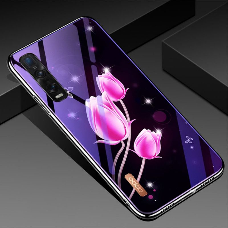 Hoesje voor Oppo Find X2 Pro Magenta Gehard Glas En Bloemensilicone