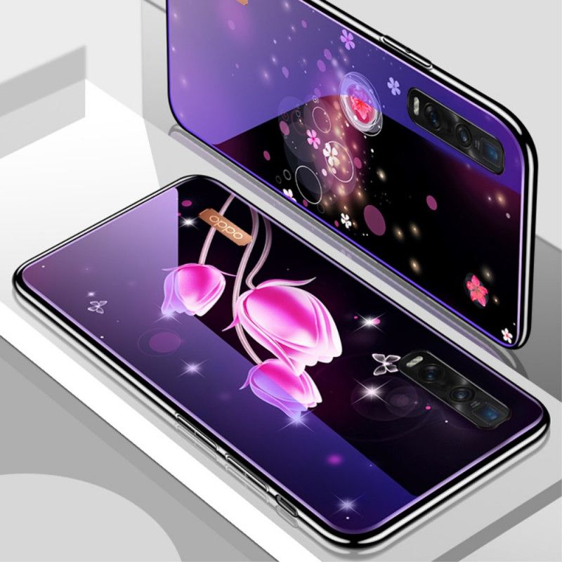 Hoesje voor Oppo Find X2 Pro Magenta Gehard Glas En Bloemensilicone