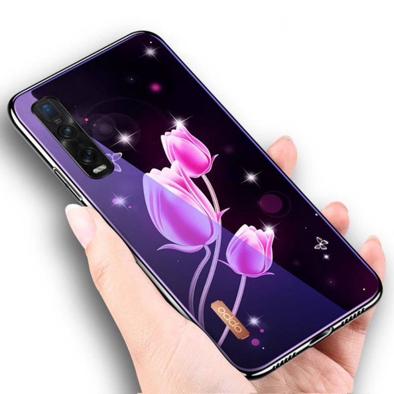 Hoesje voor Oppo Find X2 Pro Magenta Gehard Glas En Bloemensilicone