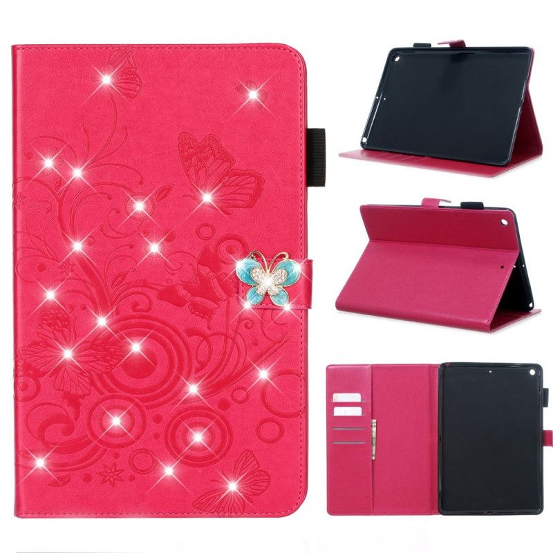 Leren Hoesje iPad 10.2" (2019) (2020) Rood Telefoonhoesje Leereffect Vlinders Diamanten