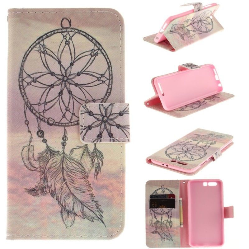 Leren Hoesje voor Honor 9 Beige Zwart Dromenvanger Met Veren