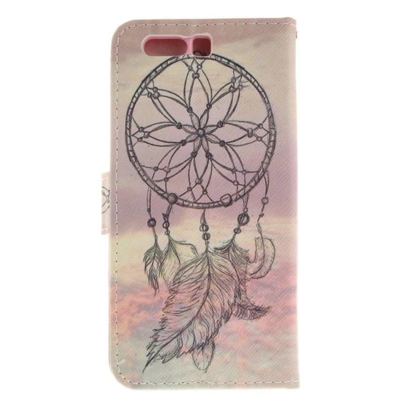 Leren Hoesje voor Honor 9 Beige Zwart Dromenvanger Met Veren