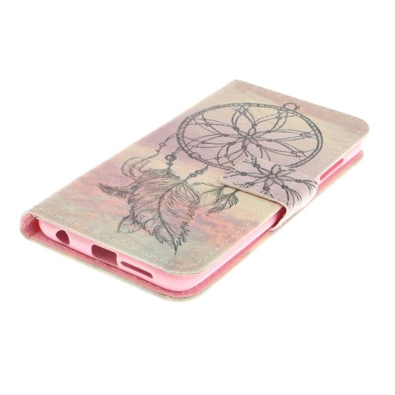 Leren Hoesje voor Honor 9 Beige Zwart Dromenvanger Met Veren
