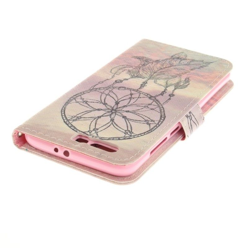 Leren Hoesje voor Honor 9 Beige Zwart Dromenvanger Met Veren