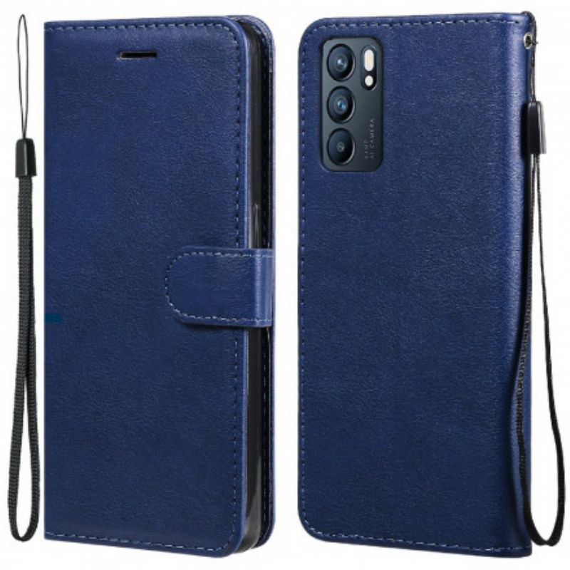 Leren Hoesje Oppo Reno 6 5g Effen Kleur Serie Strappy Bescherming Hoesje