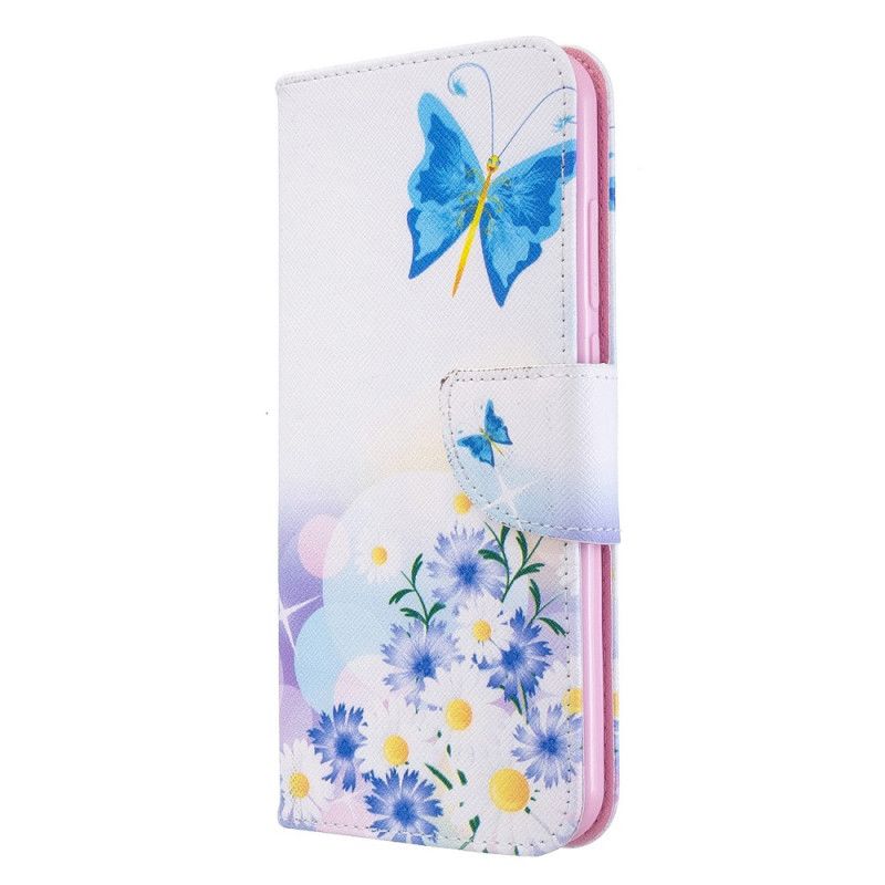 Bescherming Hoesje Xiaomi Redmi Note 8T Lichtblauw Magenta Geschilderde Vlinders En Bloemen