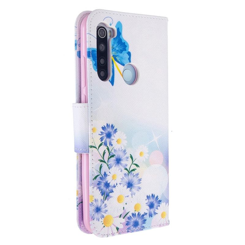 Bescherming Hoesje Xiaomi Redmi Note 8T Lichtblauw Magenta Geschilderde Vlinders En Bloemen