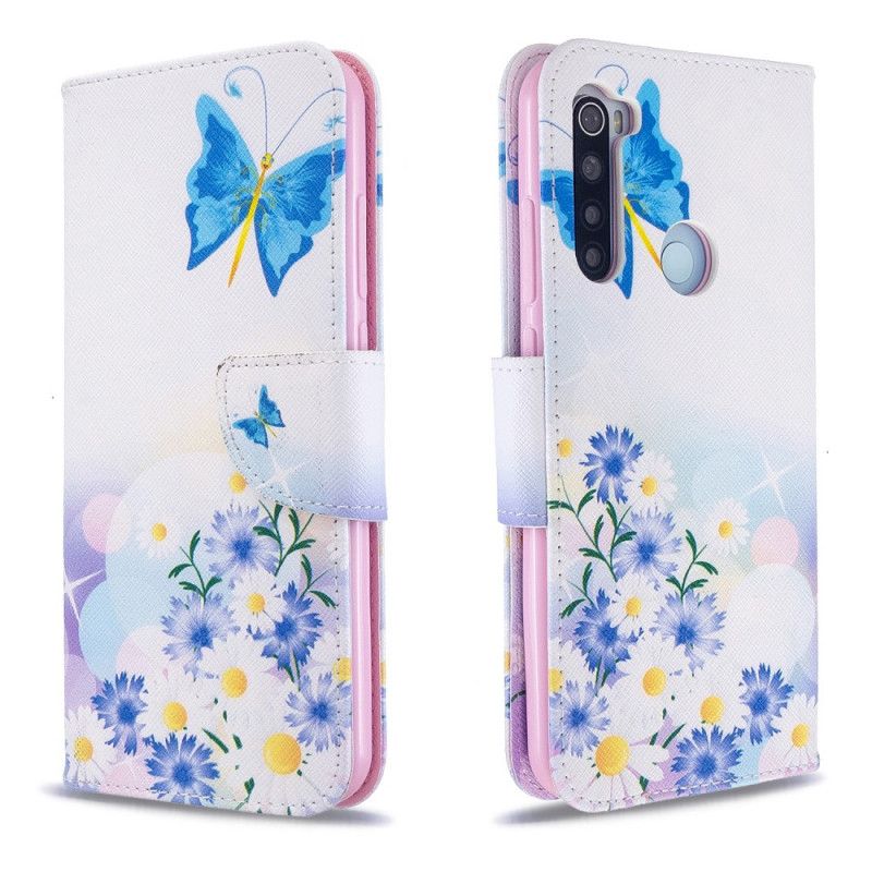 Bescherming Hoesje Xiaomi Redmi Note 8T Lichtblauw Magenta Geschilderde Vlinders En Bloemen