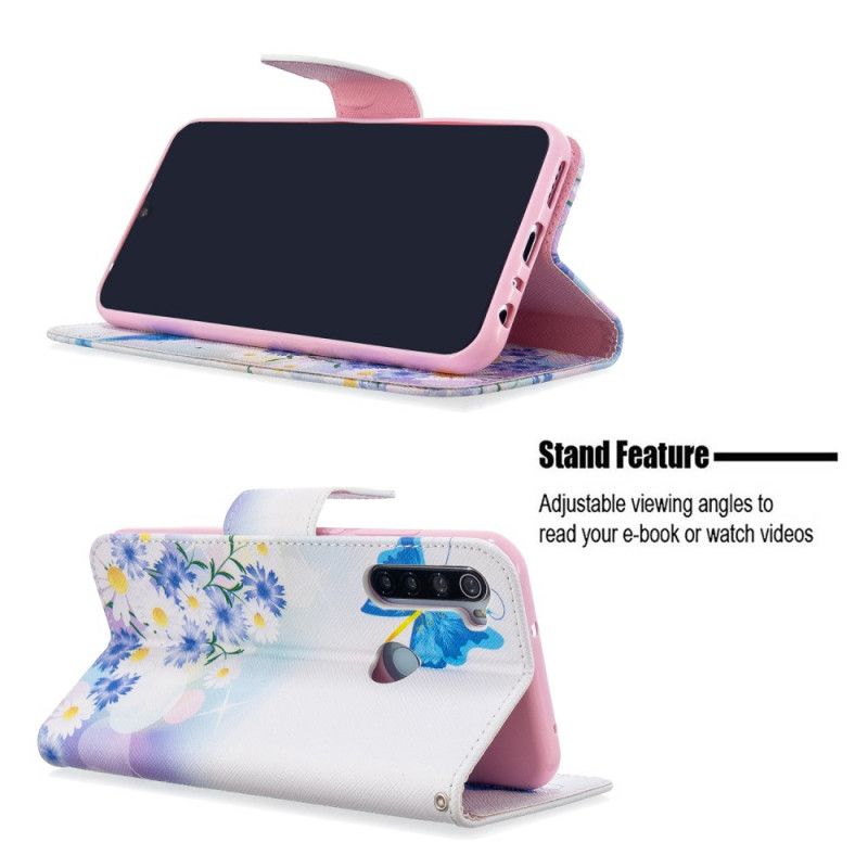 Bescherming Hoesje Xiaomi Redmi Note 8T Lichtblauw Magenta Geschilderde Vlinders En Bloemen