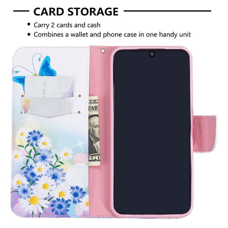 Bescherming Hoesje Xiaomi Redmi Note 8T Lichtblauw Magenta Geschilderde Vlinders En Bloemen