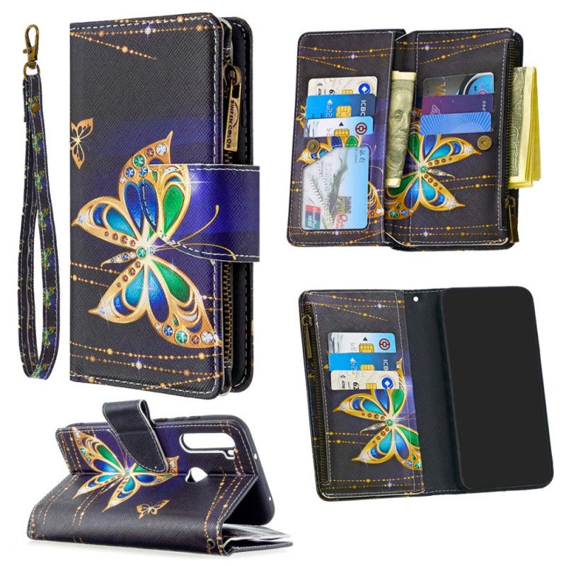 Leren Hoesje Xiaomi Redmi Note 8T Telefoonhoesje Gouden Vlindervak Met Ritssluiting