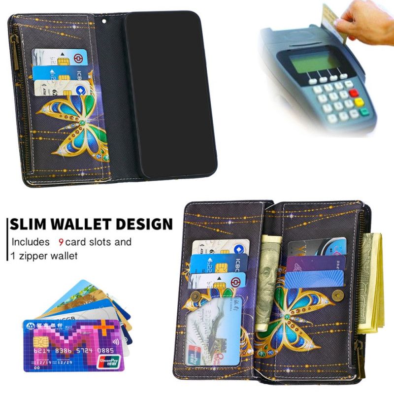 Leren Hoesje Xiaomi Redmi Note 8T Telefoonhoesje Gouden Vlindervak Met Ritssluiting