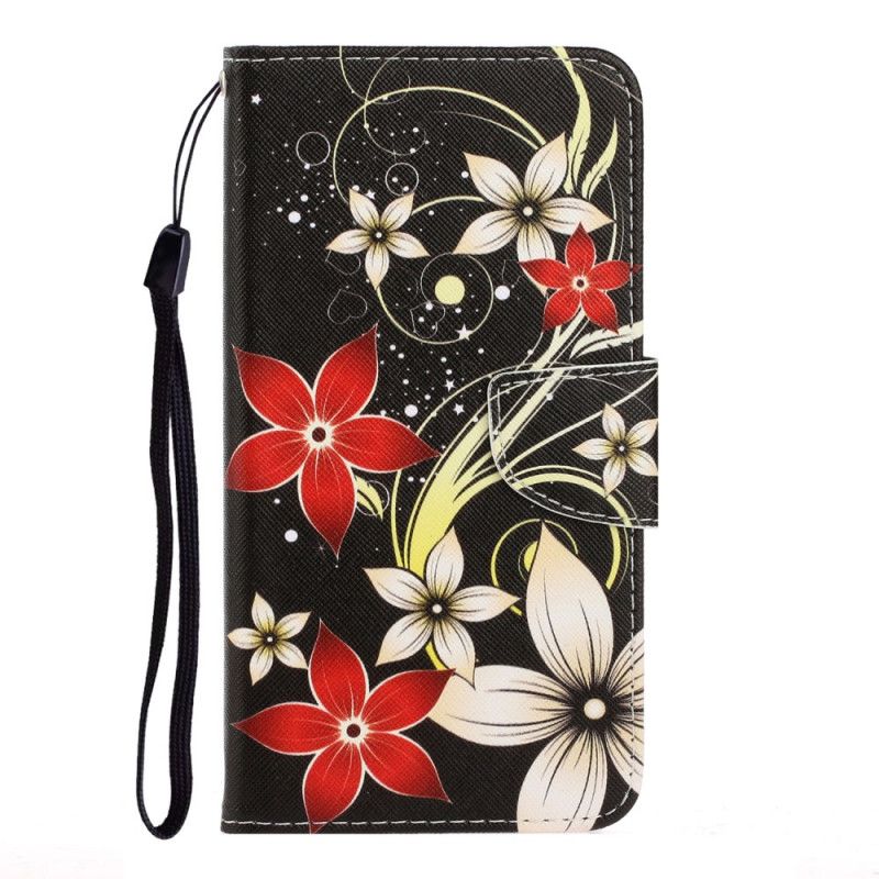 Leren Hoesje Xiaomi Redmi Note 8T Telefoonhoesje Kleurrijke Bloemen Met Een Riem