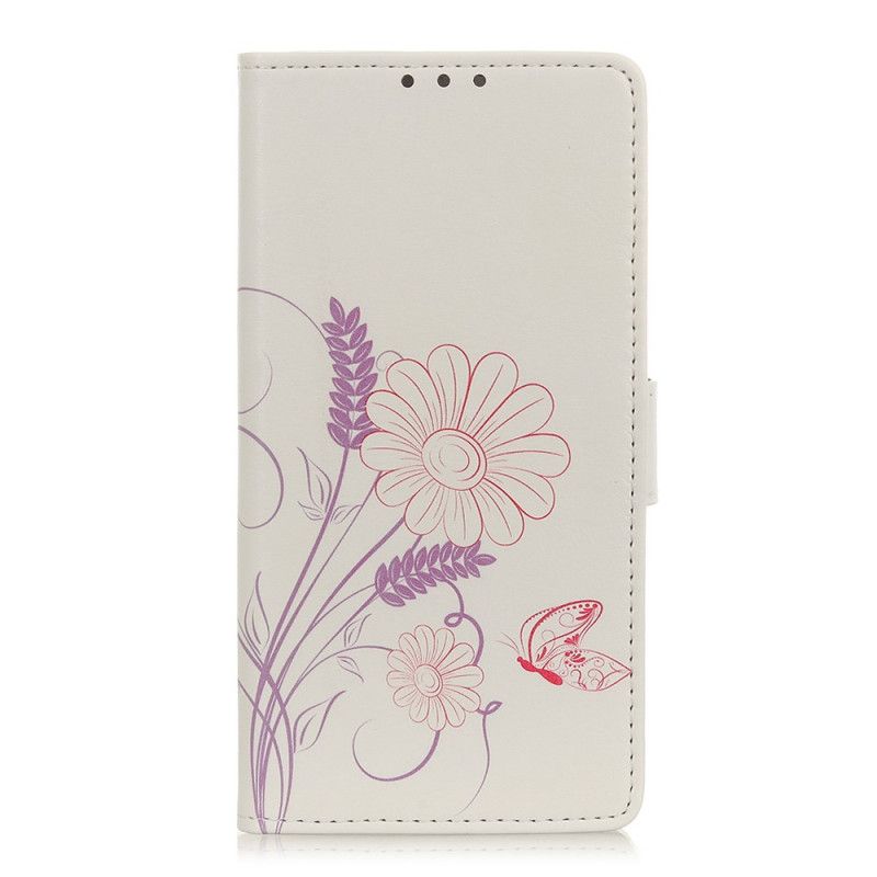 Leren Hoesje Xiaomi Redmi Note 8T Vlinders En Bloemen Tekenen
