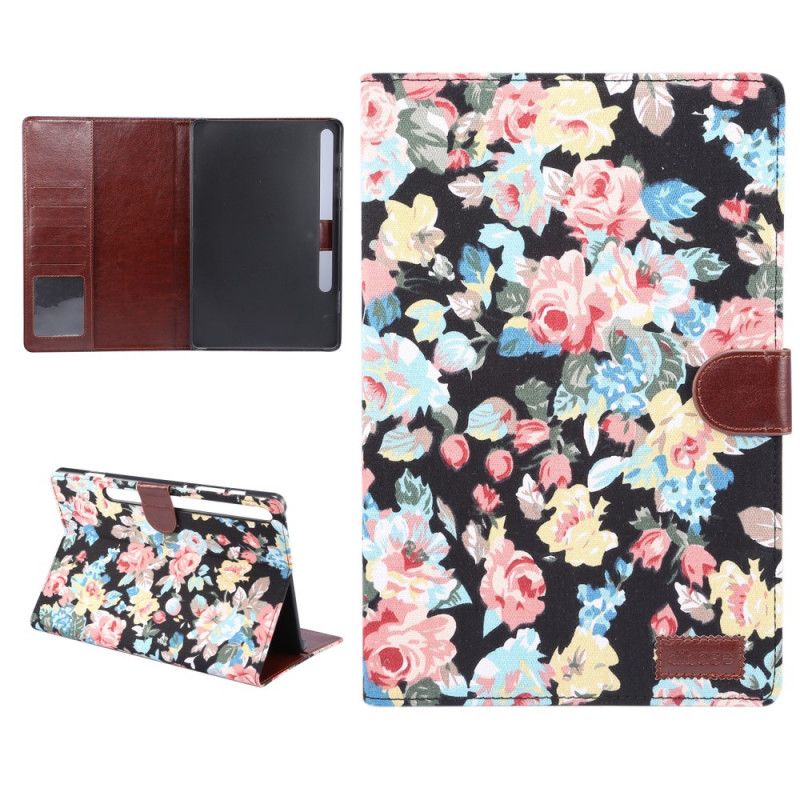 Leren Hoesje voor Samsung Galaxy Tab S7 Wit Zwart Vrijheidsbloemen