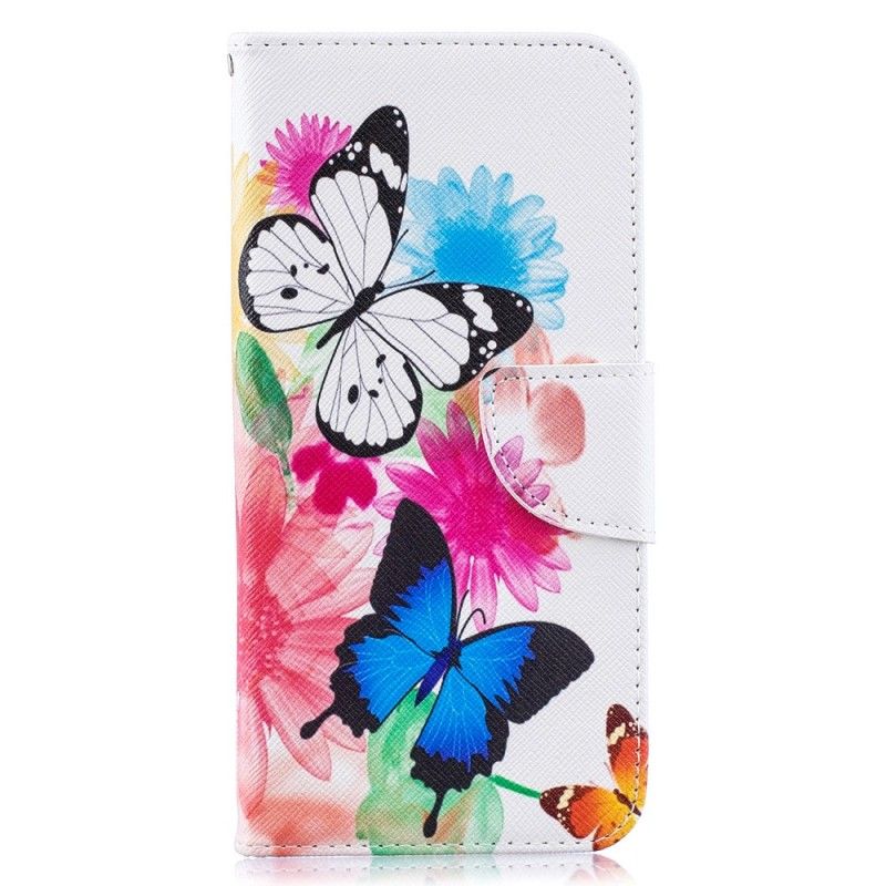 Flip Case Leren Samsung Galaxy A50 Lichtblauw Roze Geschilderde Vlinders En Bloemen