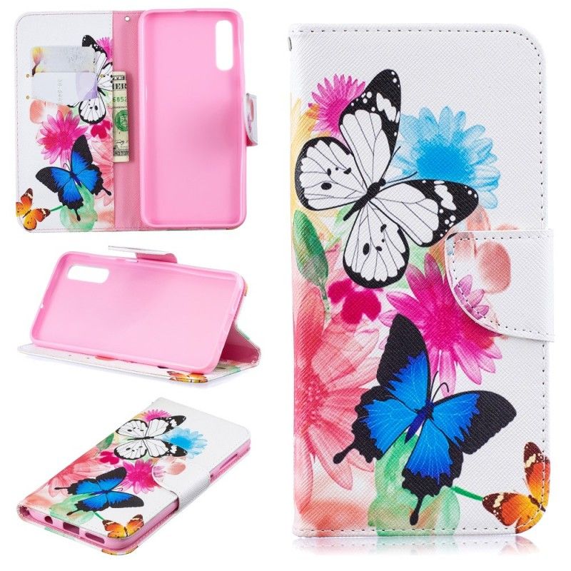 Flip Case Leren Samsung Galaxy A50 Lichtblauw Roze Geschilderde Vlinders En Bloemen