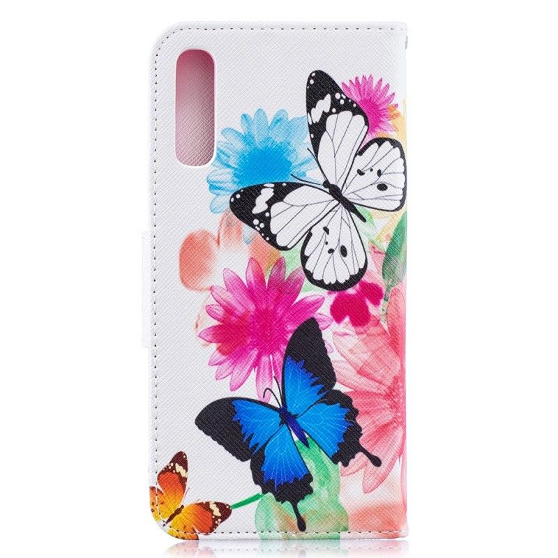 Flip Case Leren Samsung Galaxy A50 Lichtblauw Roze Geschilderde Vlinders En Bloemen