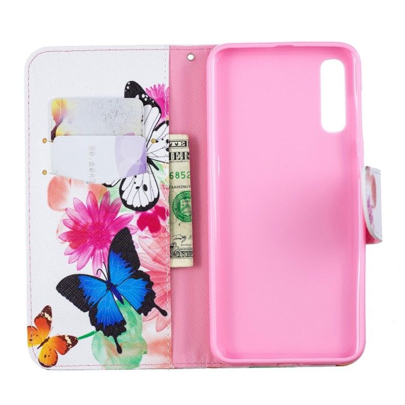 Flip Case Leren Samsung Galaxy A50 Lichtblauw Roze Geschilderde Vlinders En Bloemen