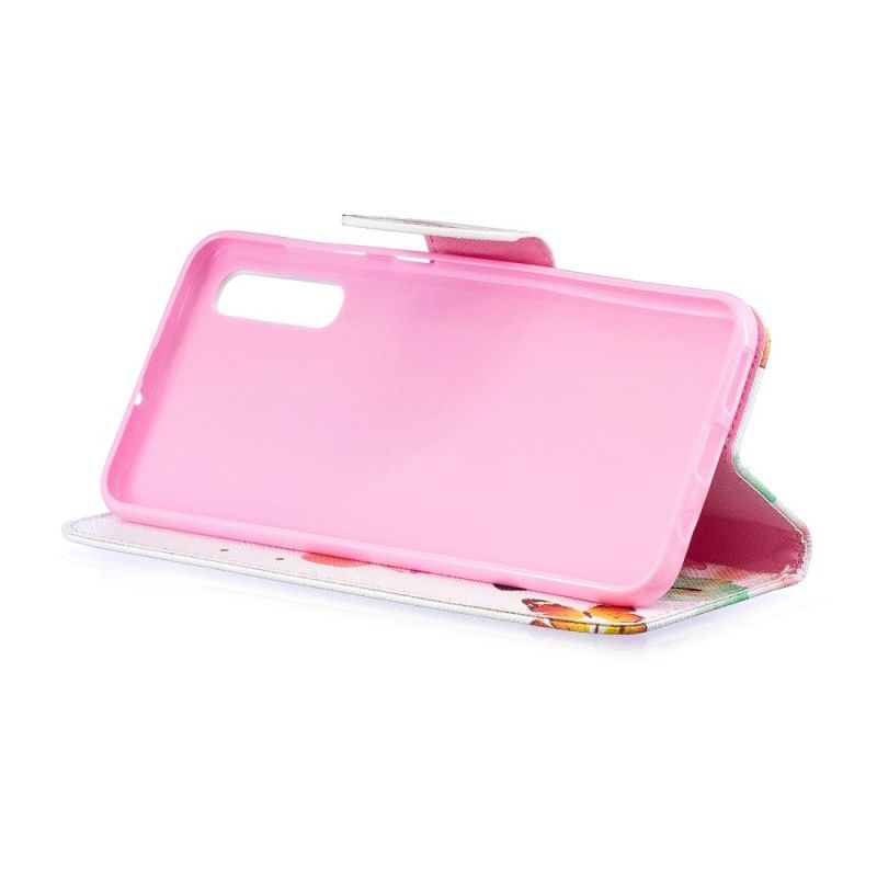 Flip Case Leren Samsung Galaxy A50 Lichtblauw Roze Geschilderde Vlinders En Bloemen