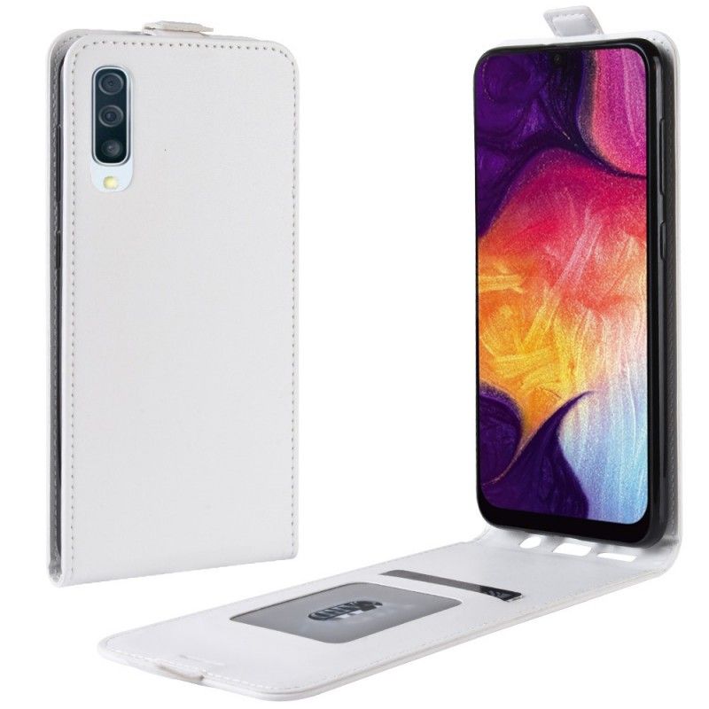 Leren Hoesje voor Samsung Galaxy A50 Wit Zwart Vouwledereffect