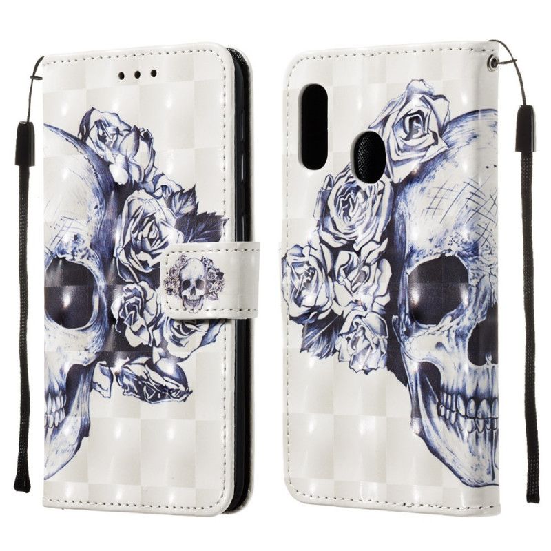 Flip Case Leren Samsung Galaxy A20e Gebloemde Schedel