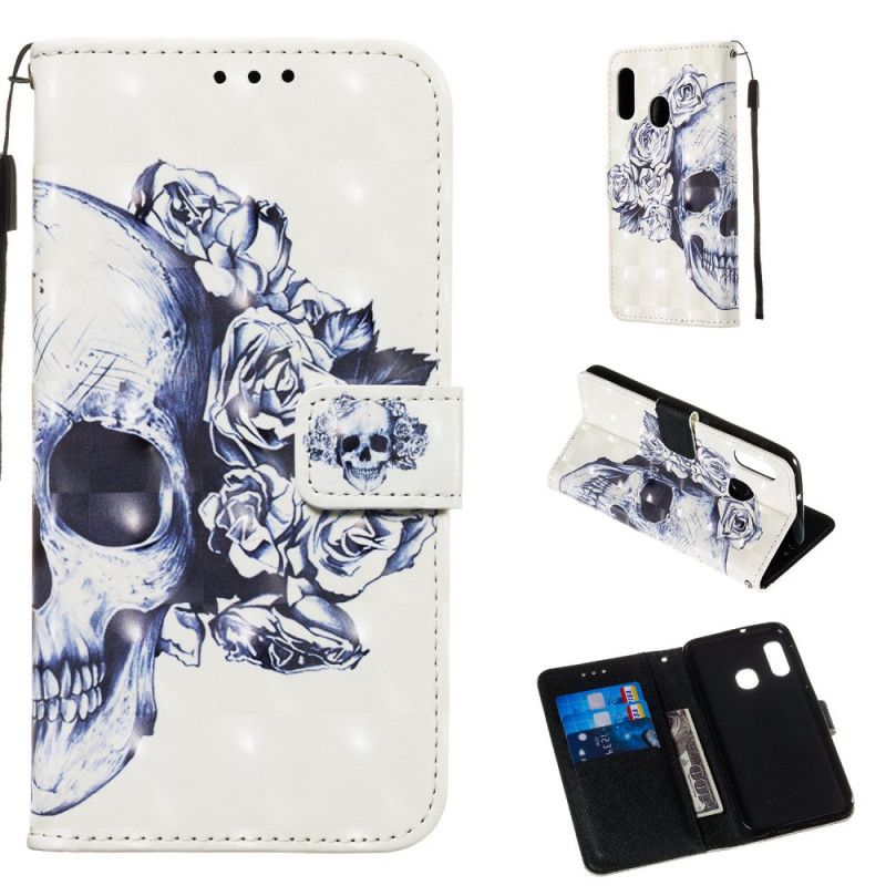 Flip Case Leren Samsung Galaxy A20e Gebloemde Schedel