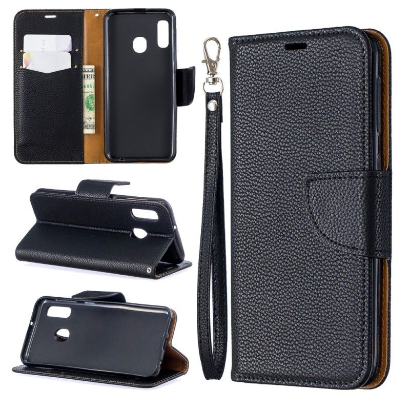 Leren Hoesje Samsung Galaxy A20e Grijs Zwart Lychee Met Schuine Flap