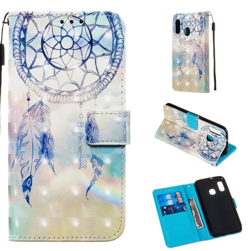 Leren Hoesje Samsung Galaxy A20e Lichtblauw Rood Telefoonhoesje Aquarel Dromenvanger