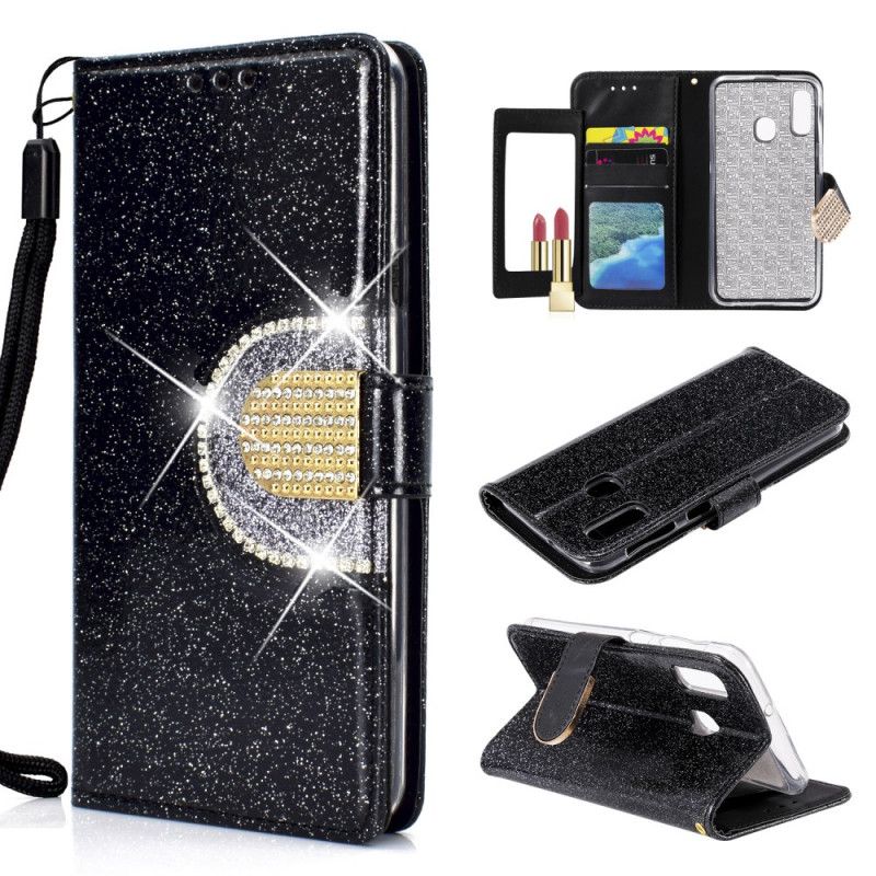 Leren Hoesje voor Samsung Galaxy A20e Lichtpaars Goud Pailletten En Diamanten