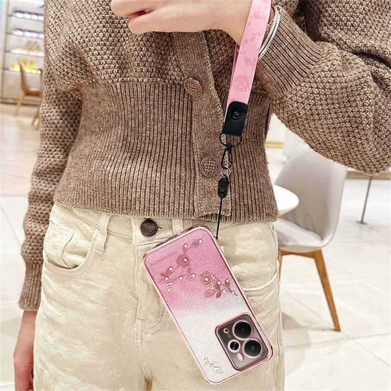 Hoesje Realme 14t 5g Bandje Met Bloemen En Strass-steentjes