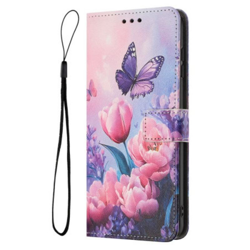 Leren Hoesje Realme 14t 5g Roze Bloemen En Vlinders Bescherming Hoesje