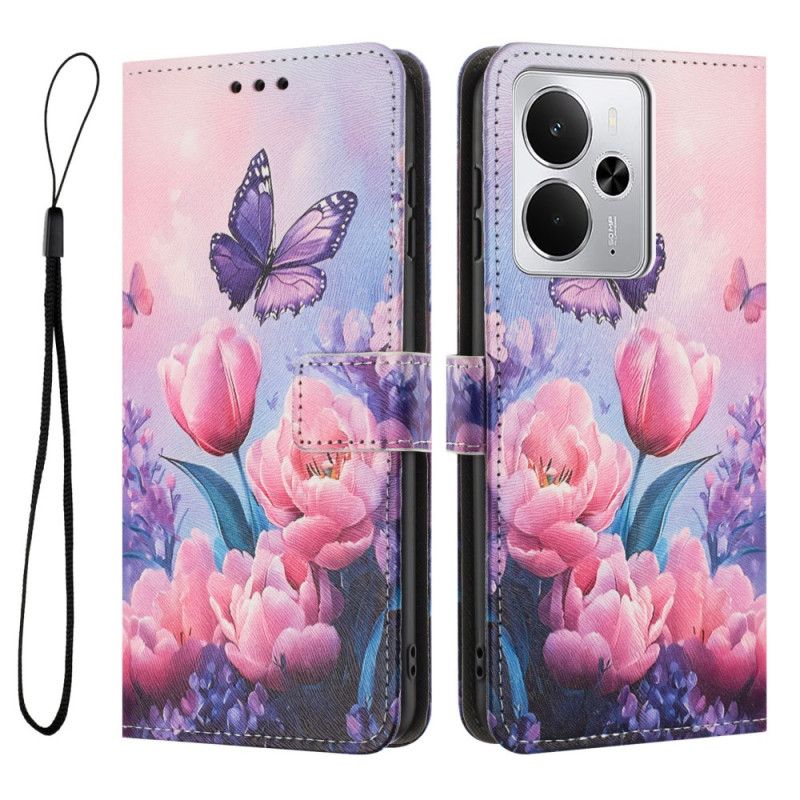 Leren Hoesje Realme 14t 5g Roze Bloemen En Vlinders Bescherming Hoesje