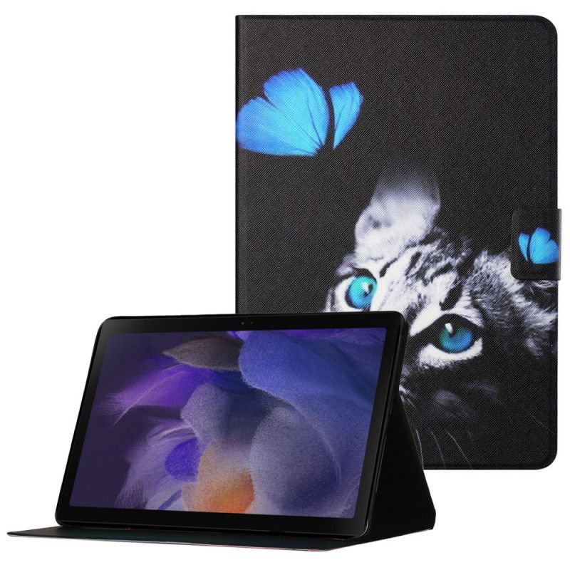 Leren Hoesje Samsung Galaxy Tab A8 (2021) Blauwe Kat En Vlinder Bescherming Hoesje