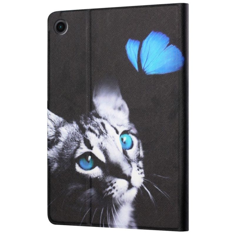 Leren Hoesje Samsung Galaxy Tab A8 (2021) Blauwe Kat En Vlinder Bescherming Hoesje