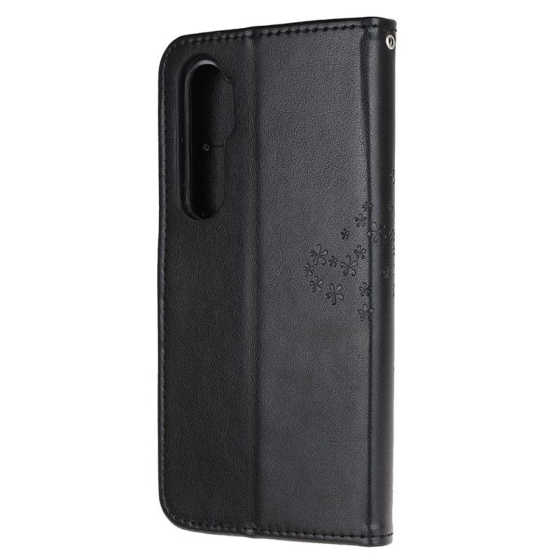 Leren Hoesje voor Xiaomi Mi Note 10 Lite Grijs Zwart Boom En String Uilen