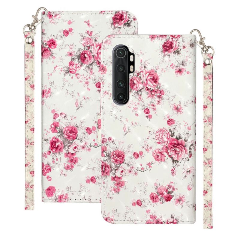 Leren Hoesje Xiaomi Mi Note 10 Lite Bloemen Lichtvlekjes Met Riempje