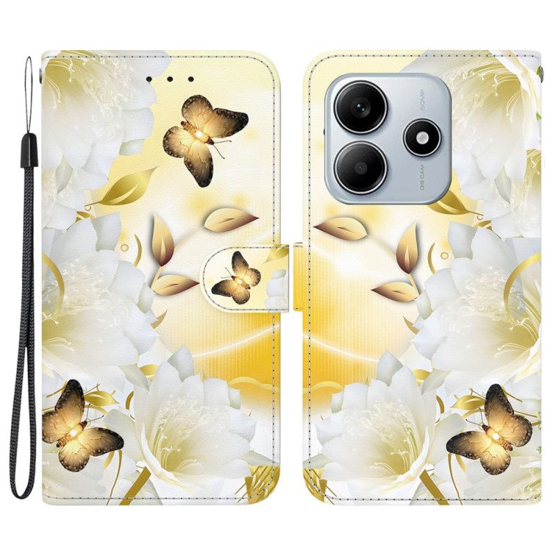 Folio-hoesje Xiaomi Redmi Note 14 5g Telefoonhoesje Gouden Vlinders En Witte Bloemen