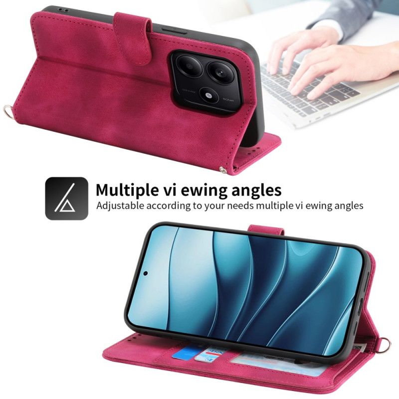 Leren Hoesje Xiaomi Redmi Note 14 5g Portemonnee Met Kantpatroon Riempje En Schouderriem Bescherming Hoesje