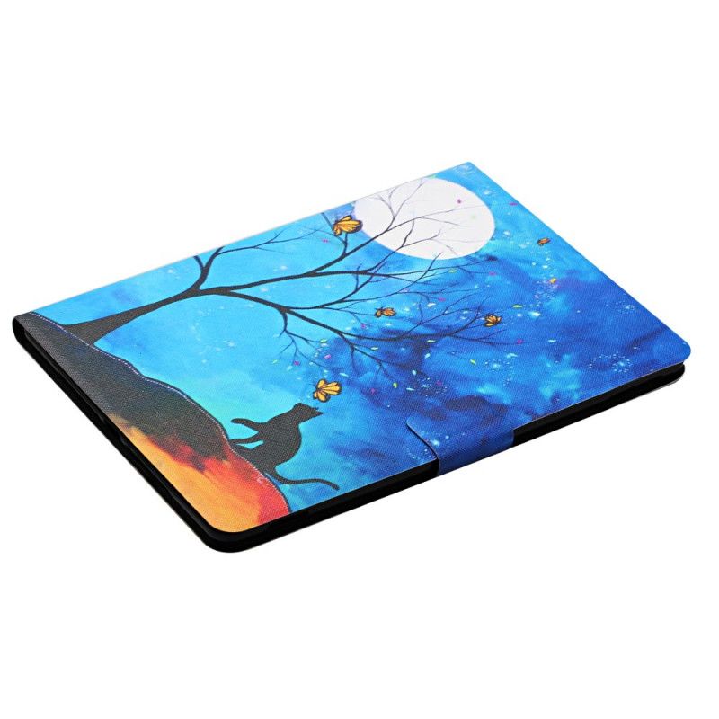 Leren Hoesje Samsung Galaxy Tab S6 Lite Donkerblauw Geel Boom Met De Maan En De Zon