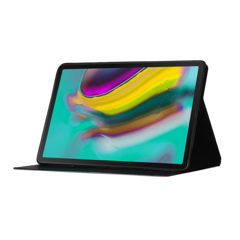 Leren Hoesje Samsung Galaxy Tab S6 Lite Donkerblauw Geel Boom Met De Maan En De Zon