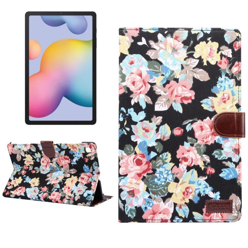 Leren Hoesje Samsung Galaxy Tab S6 Lite Wit Zwart Vrijheidsbloemen