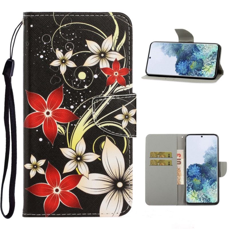 Bescherming Hoesje Samsung Galaxy S21 Ultra 5G Grijs Zwart Kleurrijke Bloemen Met String