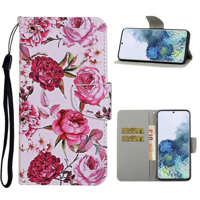 Bescherming Hoesje Samsung Galaxy S21 Ultra 5G Lichtblauw Magenta Meesterlijke Bloemen Met String