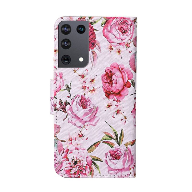 Bescherming Hoesje Samsung Galaxy S21 Ultra 5G Lichtblauw Magenta Meesterlijke Bloemen Met String