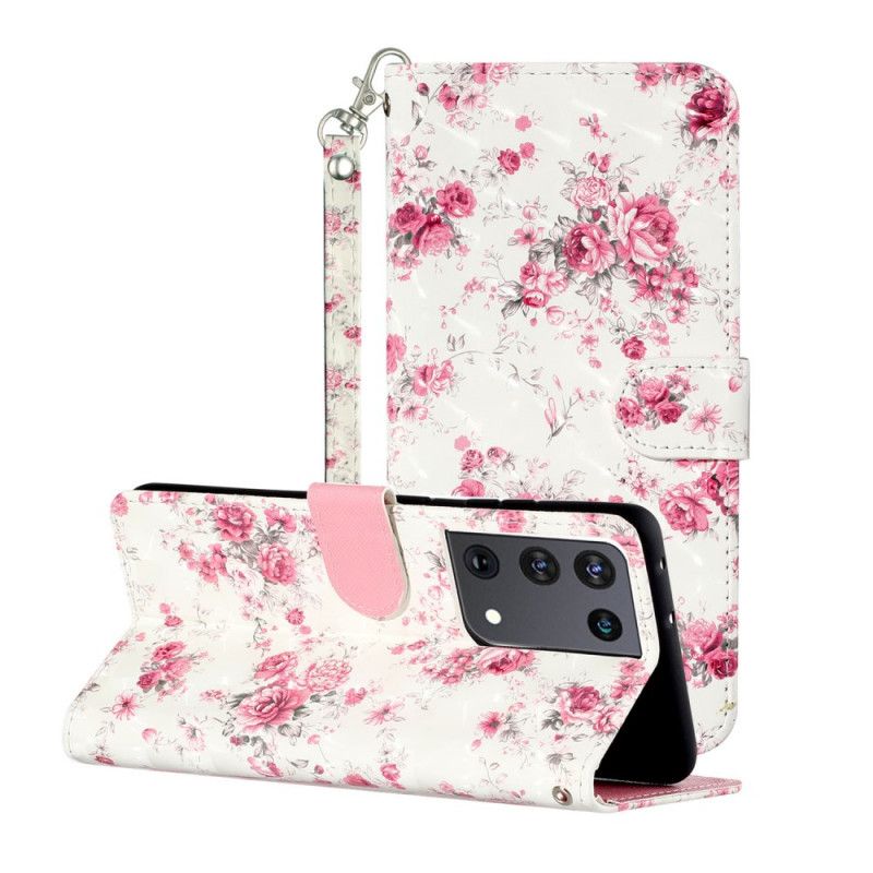 Bescherming Hoesje Samsung Galaxy S21 Ultra 5G Telefoonhoesje Bloemen Lichtvlekjes Met Riempje