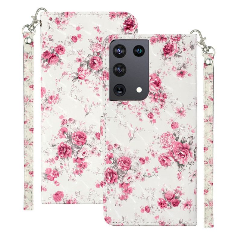 Bescherming Hoesje Samsung Galaxy S21 Ultra 5G Telefoonhoesje Bloemen Lichtvlekjes Met Riempje