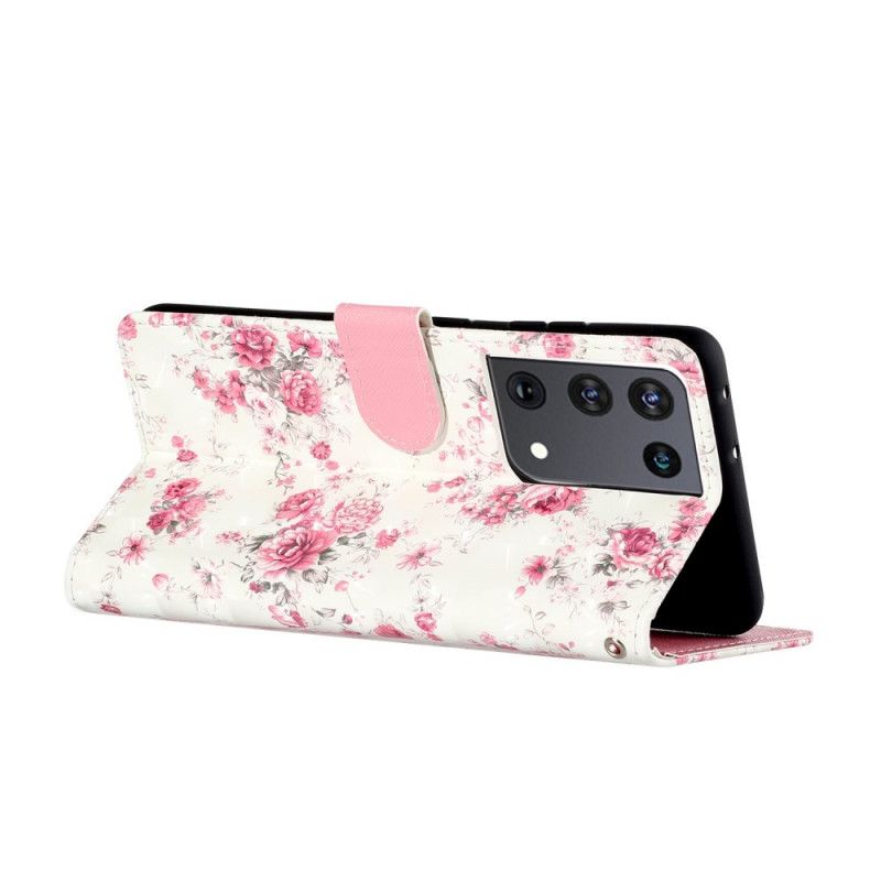 Bescherming Hoesje Samsung Galaxy S21 Ultra 5G Telefoonhoesje Bloemen Lichtvlekjes Met Riempje