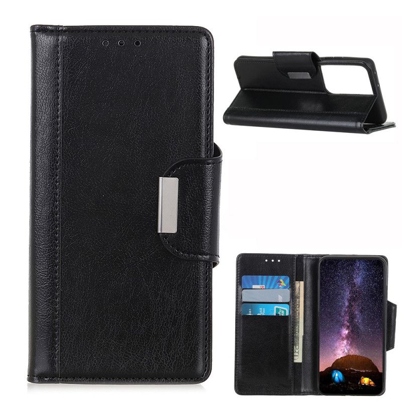 Bescherming Hoesje Samsung Galaxy S21 Ultra 5G Wit Zwart Zilverkleurige Sluiting In Mat Leereffect