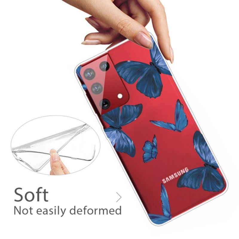 Case Hoesje Samsung Galaxy S21 Ultra 5G Donkerblauw Roze Telefoonhoesje Wilde Vlinders